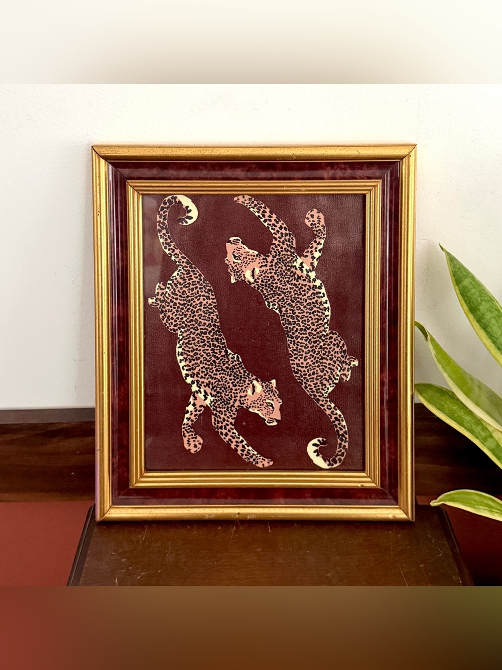 Leopard Cheetah Framed Wall Art Vintage Style Burgundy Gold Animal Print 11x13”